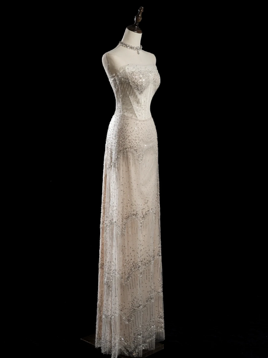 Vintage Sheath Strapless Sleeveless White Fitted Beaded Long Wedding Dress Bride Gown Wedding Dresses RB1944