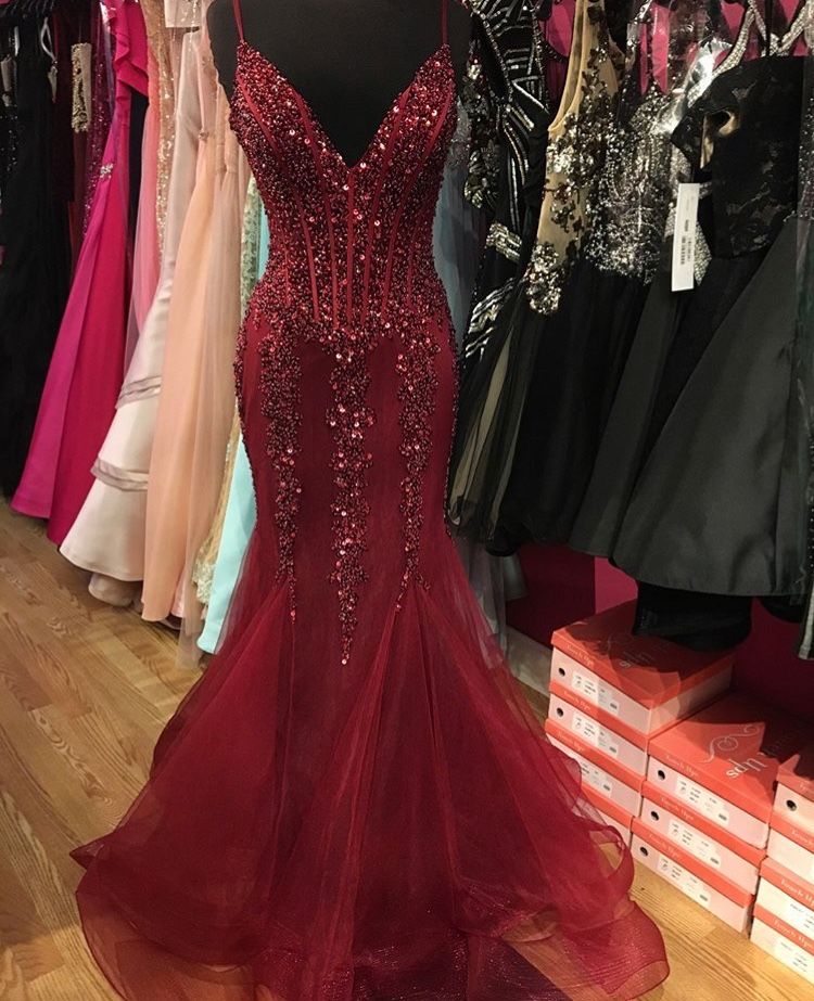 Robe de bal élégante sirène à bretelles spaghetti bordeaux en tulle, longue, tenue de soirée perlée, tenue d'anniversaire, robe de bal RB1957