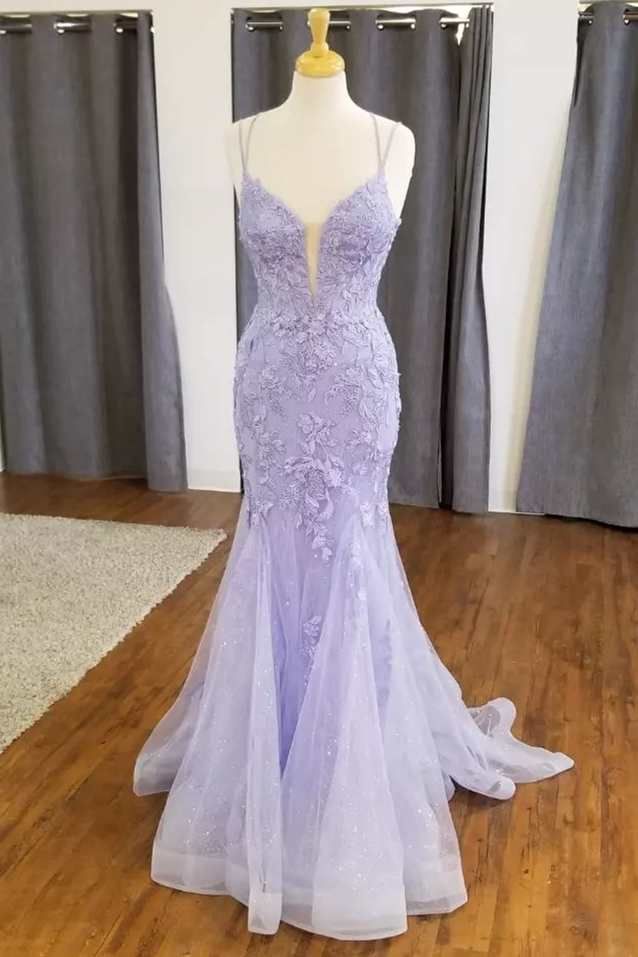Robe de bal élégante sirène à bretelles spaghetti, en dentelle lilas, en tulle, longue, avec perles, tenue d'anniversaire, RB1959