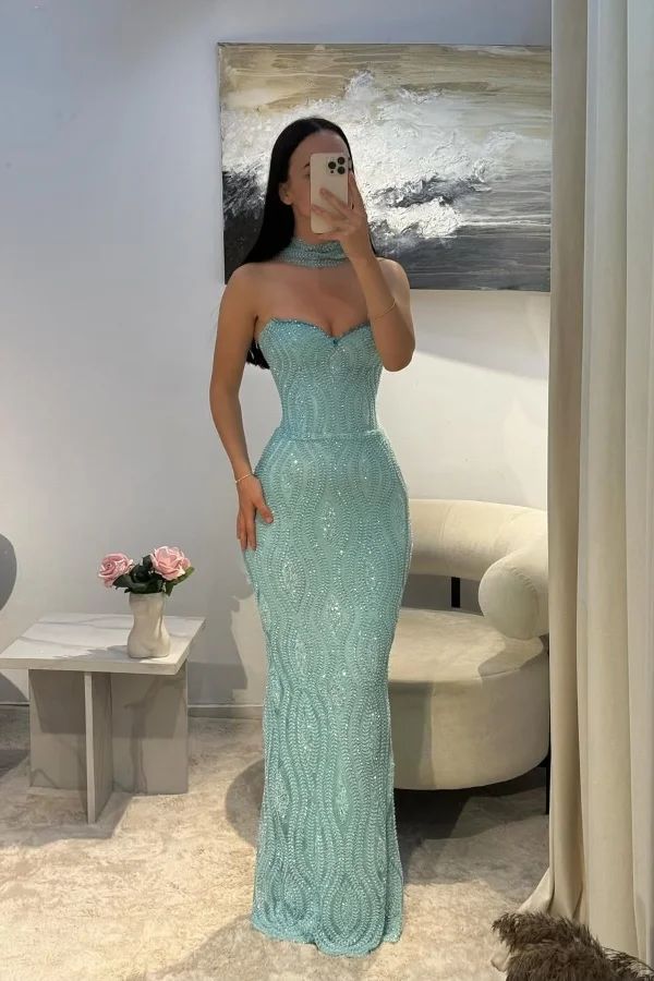 Robe de bal élégante sirène à paillettes bleues et perles pour adolescentes, tenue de soirée formelle, RB1961