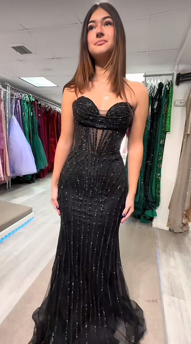 Fancy Mermaid Sweetheart Black Sequin Beaded Prom Dresses For Teens Formal Dress Party Outfits Prom Gown RB1985