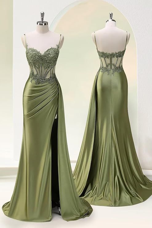 Robe de bal longue sirène sexy à bretelles spaghetti, vert olive, fendue sur le côté, inspiration robe de soirée RB1991