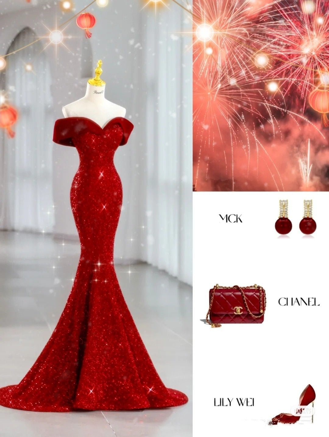 Robe de bal rouge plissée à épaules dénudées et sirène brillante, tenue de soirée formelle, robe de bal RB1992