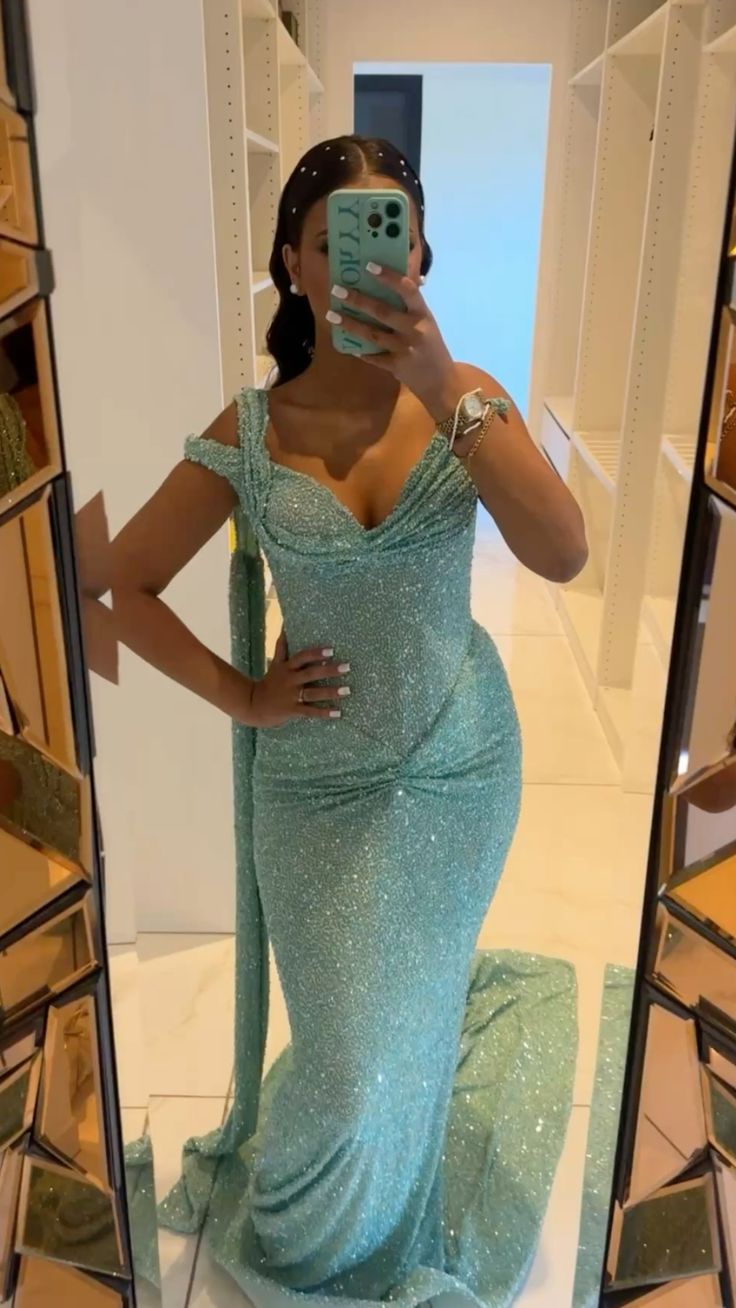 Robe de bal sirène bleue à paillettes et décolleté en cœur pour adolescentes, tenue de soirée élégante, RB2002