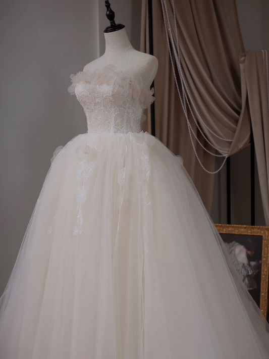 Princess Ball Gown Strapless Sleeveless Lace Fitted Corset Tulle Wedding Dress Bride Gowns White Wedding Dresses RB2024