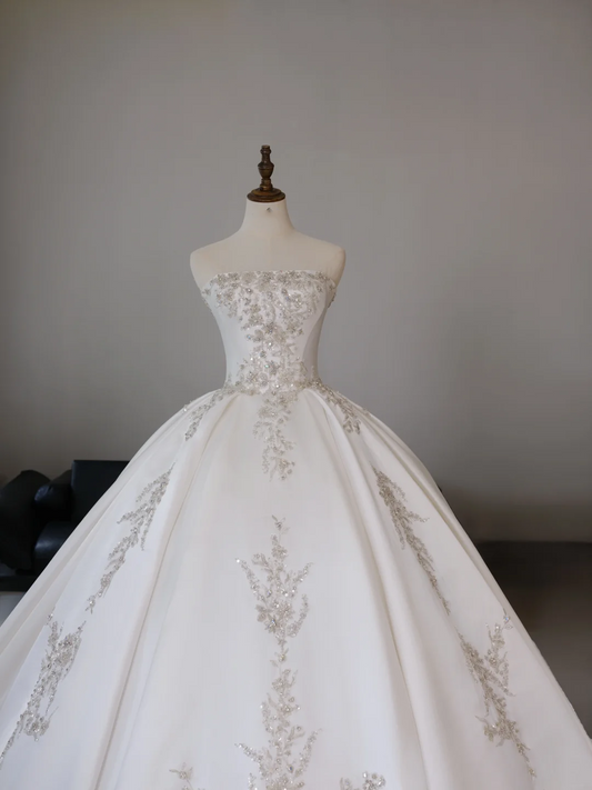 Princess Ball Gown Strapless Sleeveless Satin Fitted Corset Long Wedding Dress Bride Gowns Lace Wedding Dresses RB2031