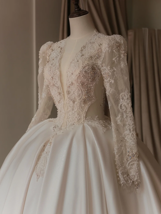 Unique Ball Gown V Neck Long Sleeve Lace Fitted Corset Long Wedding Dress Bride Gowns White Wedding Dresses RB2040