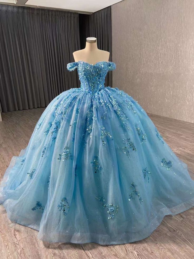 Magnifique robe de bal à épaules dénudées, motif fleurs bleues et paillettes, longue robe de Quinceanera, Sweet 15/16, RB2088