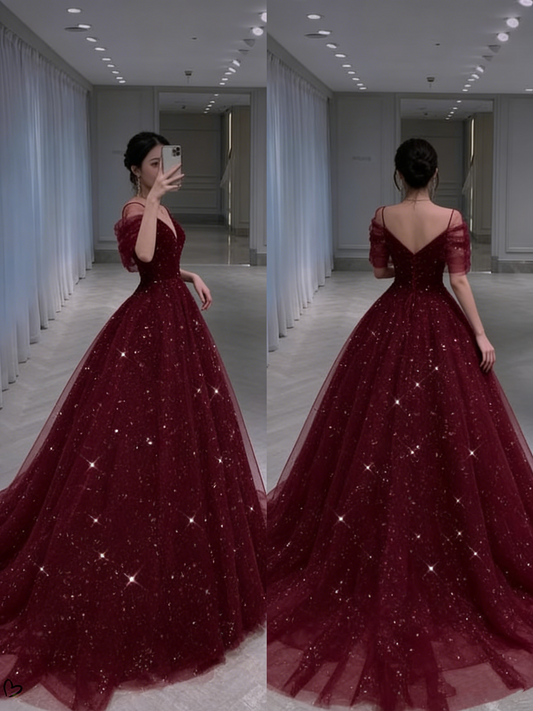Beautiful Ball Gown Off The Shoulder Burgundy Tulle Prom Dresses For Teens Formal Dress Party Outfits Prom Gowns RB2105