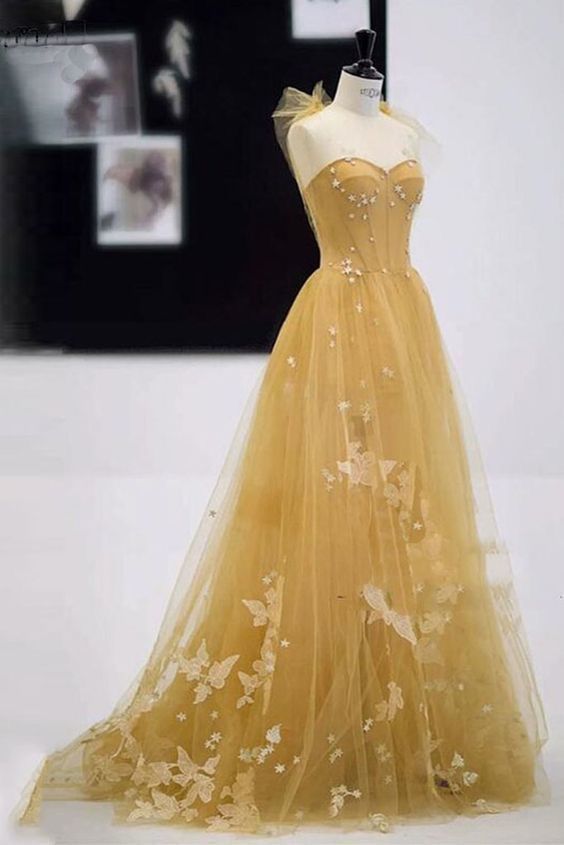 Magnifique robe de bal trapèze en tulle jaune à décolleté en cœur pour adolescentes, tenue de soirée formelle, robe de bal RB2106