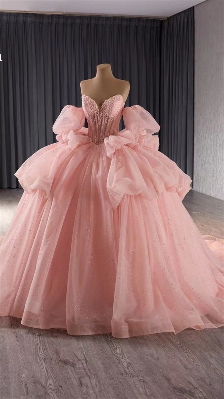 Robe de Quinceanera modeste, robe de bal, décolleté en cœur, en tulle rose, robe d'anniversaire, robe de soirée formelle, manches bouffantes, robe Sweet 16, RB2107