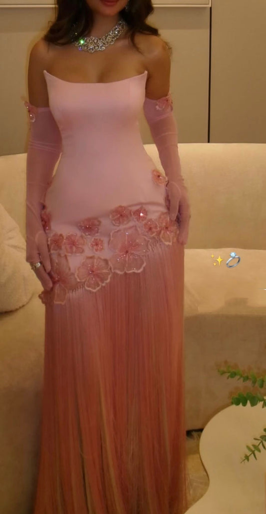 Unique Mermaid Strapless Pink Tassel Prom Dresses With Gloves For Teens Formal Dress Party Outfits Prom Gown RB2110