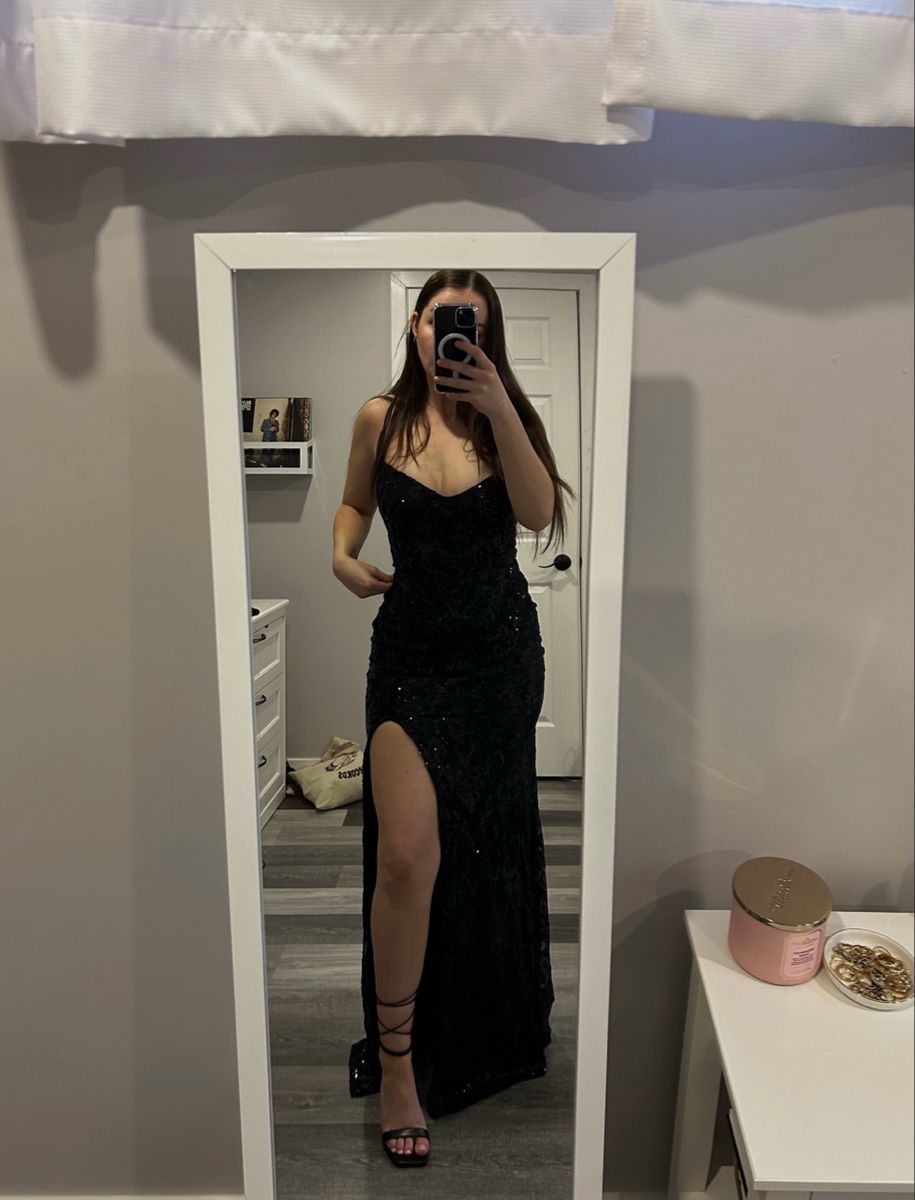 Robe de bal sirène sexy à bretelles spaghetti et paillettes noires fendues pour adolescentes, tenue de soirée formelle, robe de bal RB2120