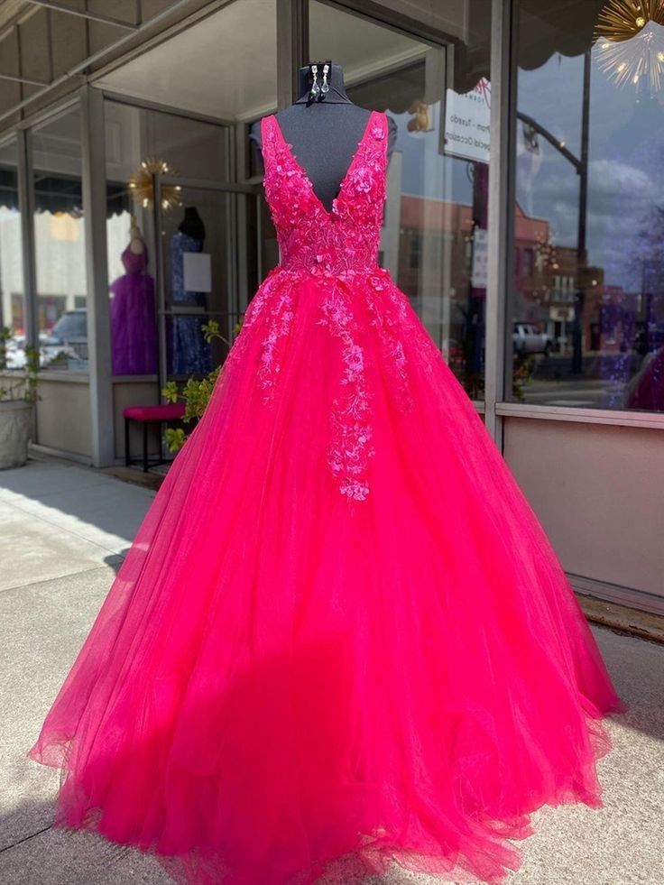 Robe de bal modeste à col en V et tulle rose vif pour adolescentes, tenue de soirée formelle, RB2124