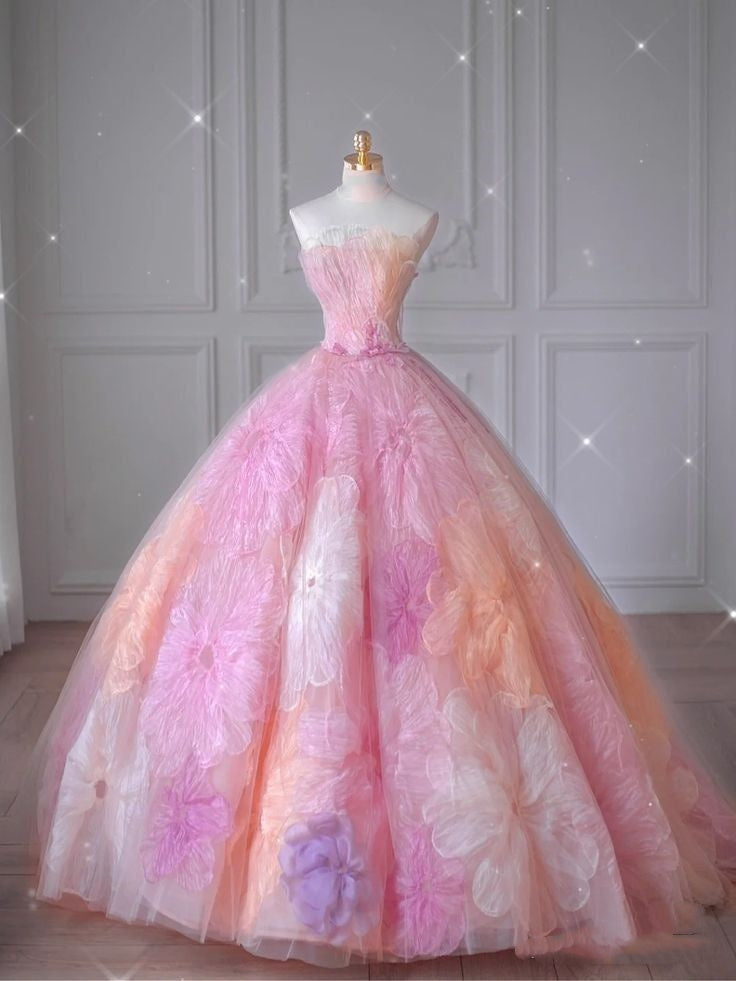 Robe de bal bustier rose en tulle à fleurs, robe longue de Quinceanera, robe bustier Sweet 15/16, RB2126