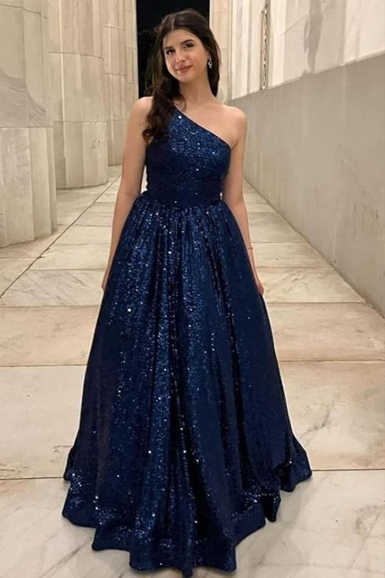 Sexy A Line One Shoulder Navy Blue Sequin Prom Dresses For Teens Formal Dress Party Outfits Prom Gown RB2144