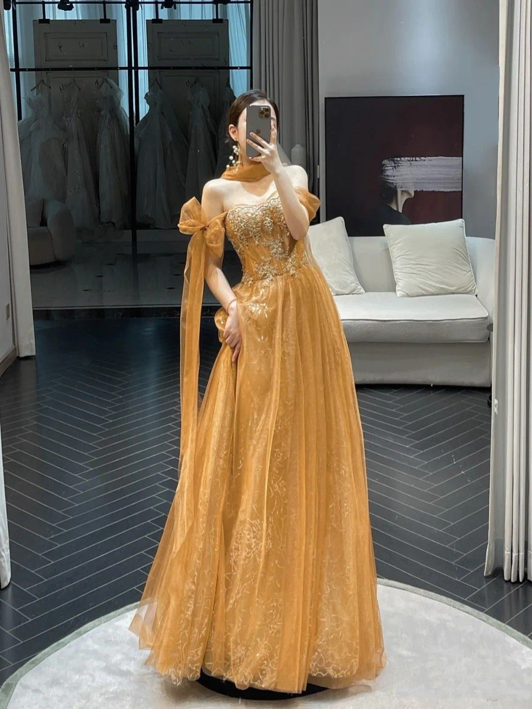 Robe de bal longue en tulle et dentelle dorée, épaules dénudées, robe de soirée unique, tenue d'anniversaire, robe de remise de diplôme, RB2147