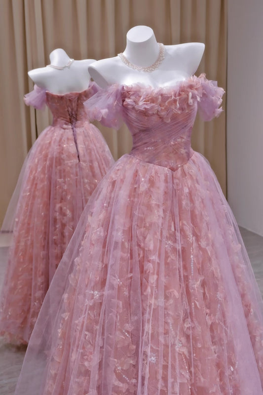 Unique Ball Gown Off The Shoulder Tulle Lace Pink Prom Dresses inspiration Long Party Dress Birthday Outfits Graduation Dress RB2161
