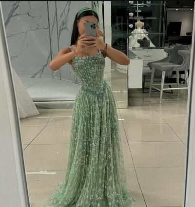 Cute A Line Square Neck Mint Green Sequin Prom Dresses Inspiration For Teens Formal Dress Party Outfits Prom Gown Ideas RB2168