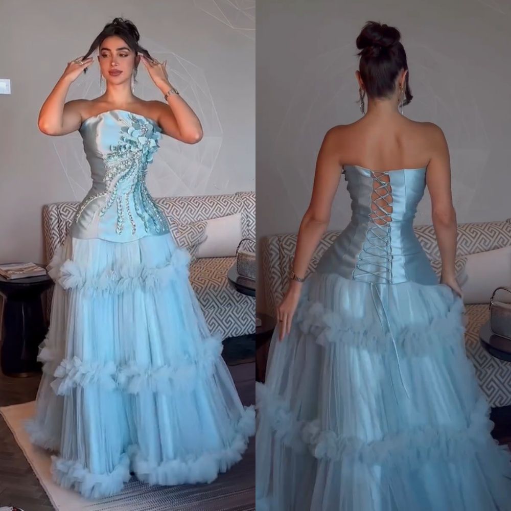 Charming Ball Gown Strapless Blue Tulle Prom Dresses Inspiration For Teens Formal Dress Party Outfits Prom Gown Ideas RB2172