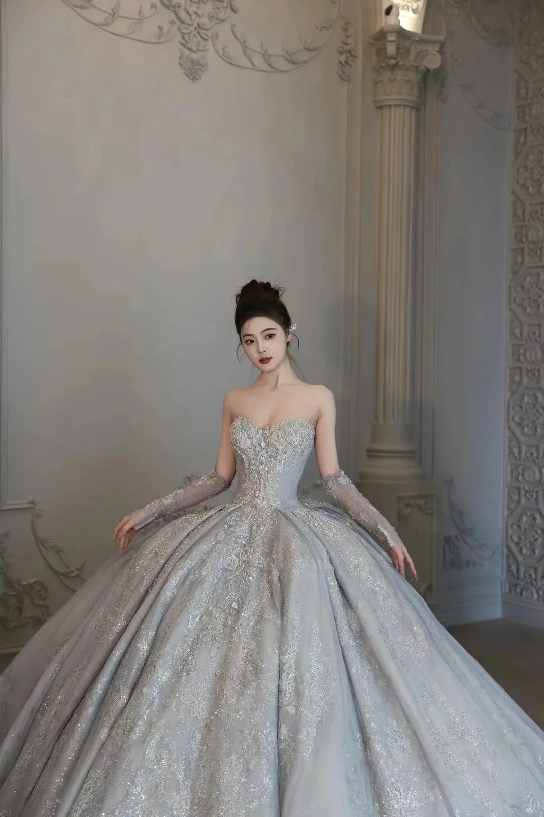 Robe de mariée luxueuse en dentelle à sequins et décolleté en cœur, style conte de fées, longue, RB2844