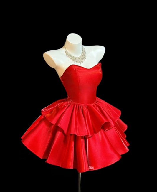 Gorgeous Ball Gown Strapless Satin Red For Women Mini Senior Inspo Short 16th Birthday Outfits Homecoming Dresses RB3080