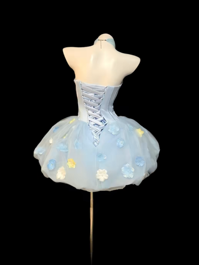Jolie Robe de Bal Bustier Bleu Ciel Clair pour Femmes Filles Adolescentes Inspiration Diplôme Tenues Courtes pour le 15e Anniversaire Robes de Bal de Promo RB3096