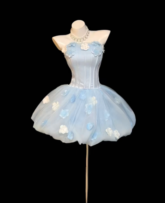 Cute Ball Gown Strapless Light Sky Blue With 3D Flowers Mini Senior Inspo Short Birthday 19th Party Outfits Homecoming Dresses RB3113