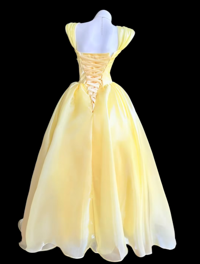 Bescheidenes Ballkleid, eckiger Ausschnitt, gelbes Geburtstags-Kleid, ärmellos, Abend-Ball-Formelle Kleider RB3123