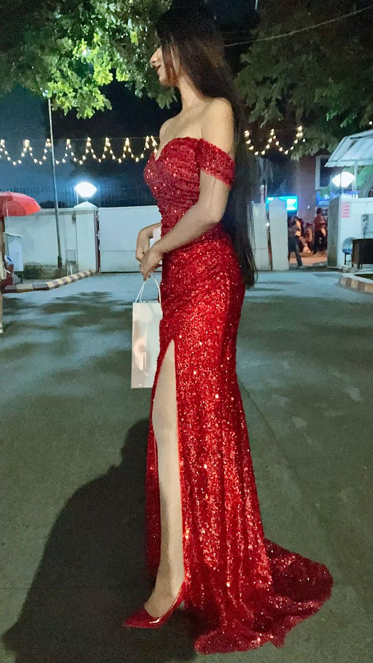Robe de bal longue rouge à paillettes, style sirène, épaules dénudées, élégante, tenue de soirée pour 22e anniversaire, robe de remise de diplôme, RB702