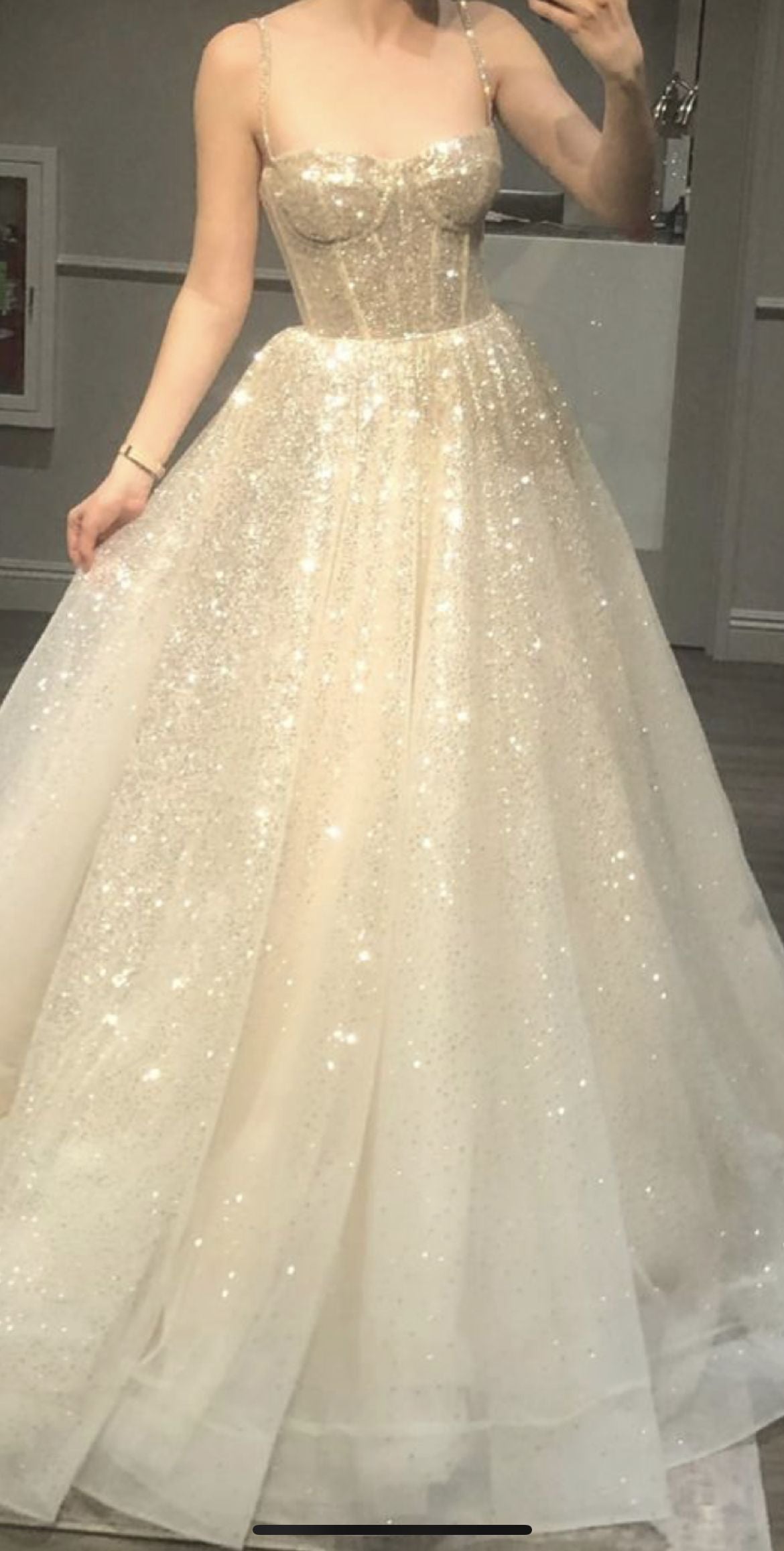 Timeless A Line Spaghetti Straps Sequin Champagne Prom Dress Inspiration Long Party Formal Prom Dresses RB726
