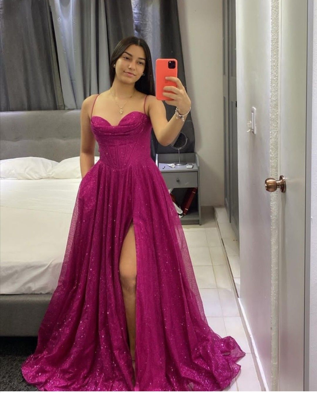 Timeless A Line Spaghetti Straps Sequin Pink Slit Prom Dress Inspiration Long Party Formal Prom Dresses RB738