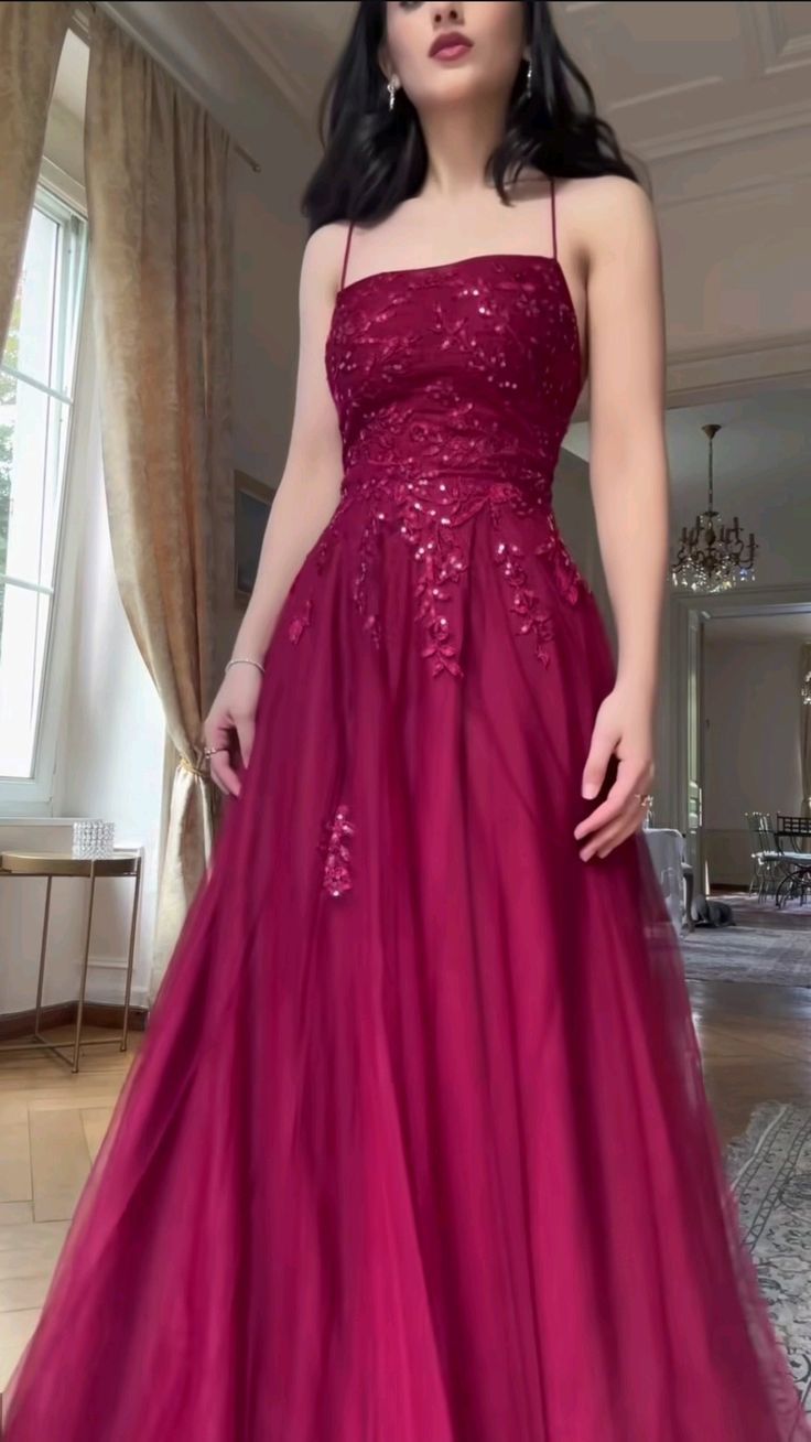 Vintage A line Spaghetti Straps Burgundy Tulle Prom Dress Inspiration Party Formal Prom Dresses RB750