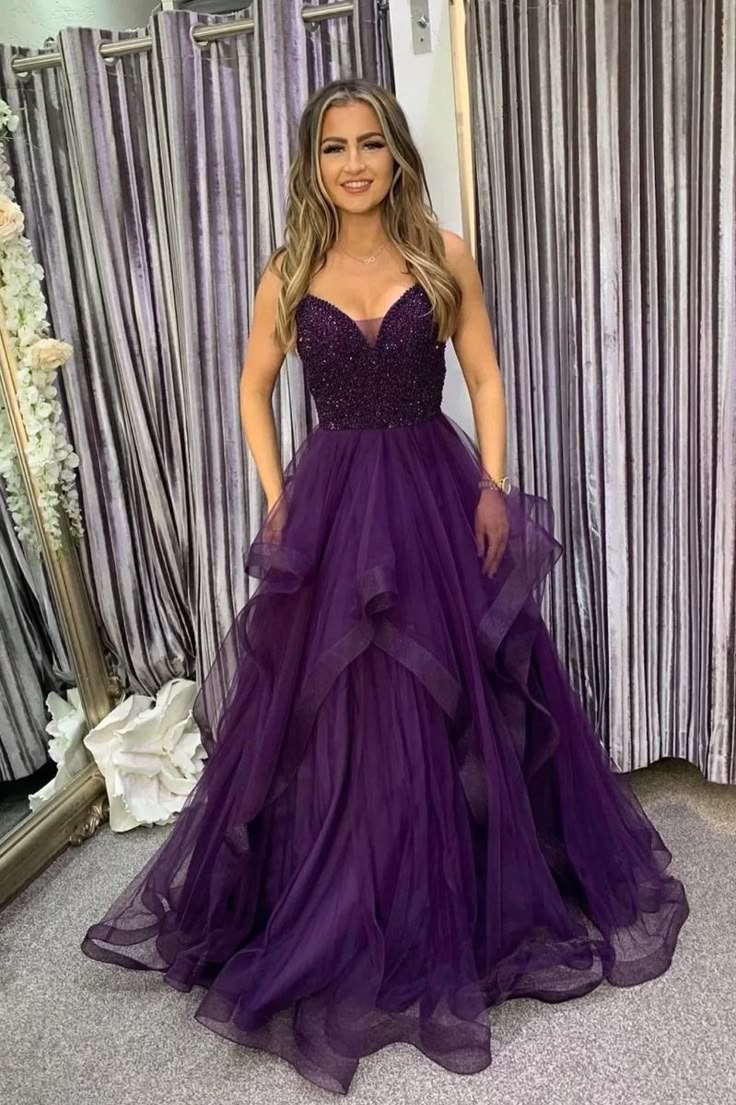 Cute Ball Gown Spaghetti Straps Grape Tulle Prom Dresses Party Dress Birthday Outfits Graduation Dress RB763