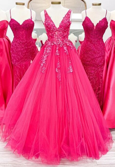 Trendy Ballkleid V-Ausschnitt Pink Spitze Tüll Ballkleider Partykleid 18. Geburtstag Outfits Abschlusskleid RB784