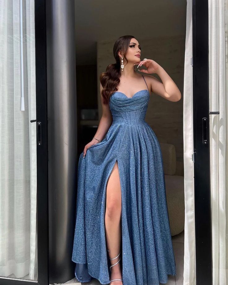 Robe de bal trapèze à paillettes bleues et fente, tenue de soirée pour 18e anniversaire, robe de remise de diplôme, RB785