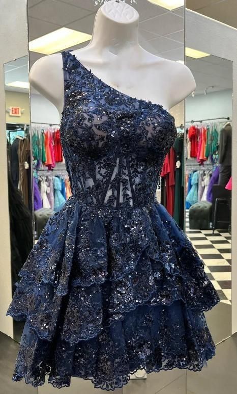 Robe trapèze asymétrique bleu marine, courte et en dentelle, tenue de cocktail pour les 18 ans, pour les étudiants de première année, RB817