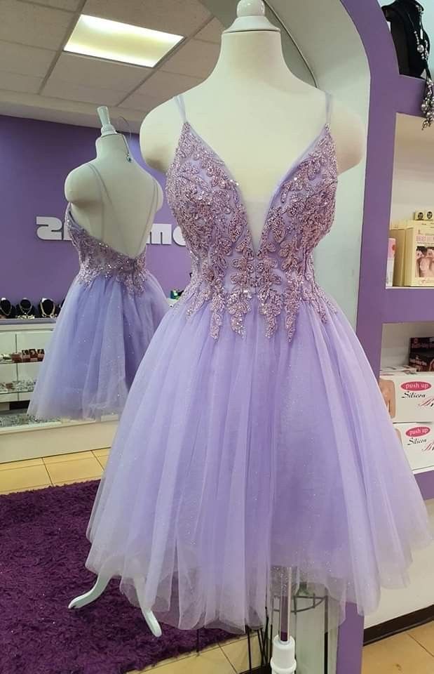 Trendy A line Spaghetti Straps Lilac Tulle Short 16th Birthday Dress Homecoming Dresses Cocktail Gown RB818