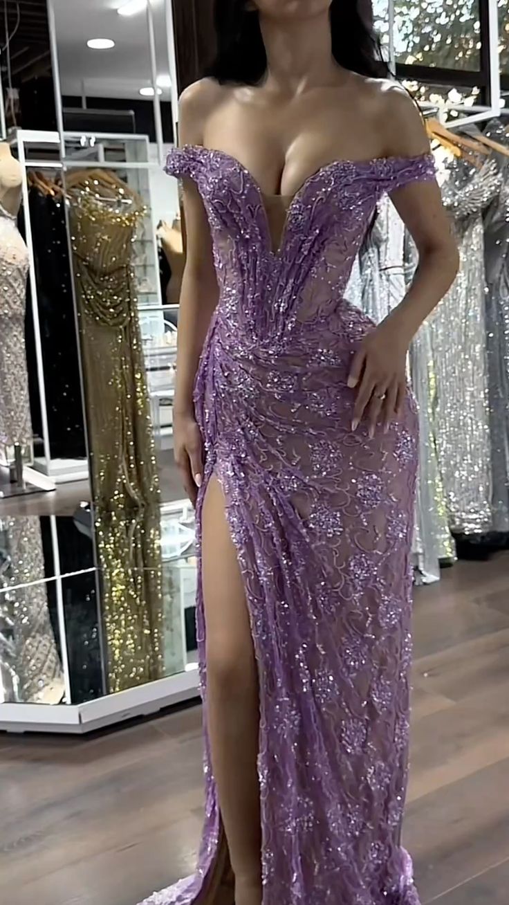 Cute Mermaid Off The Shoulder Lilac Sequins Prom Dresses Party Dress 20th Birthday Outfits Graduation Dress RB840