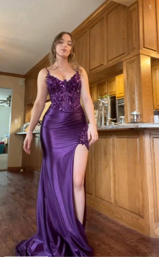 Modest Mermaid Spaghetti Straps Grape Satin Lace Prom Dresses Inspiration Slit Prom Dress Graduation Dress RB1140