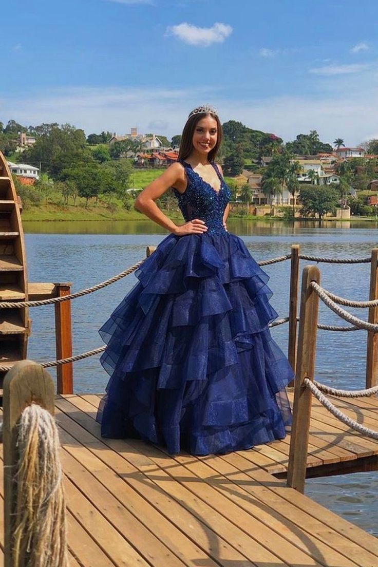 Robe de bal scintillante, col en V, bleu marine, en dentelle et tulle, tenue de soirée, tenue de 21e anniversaire, robe de remise de diplôme, RB872