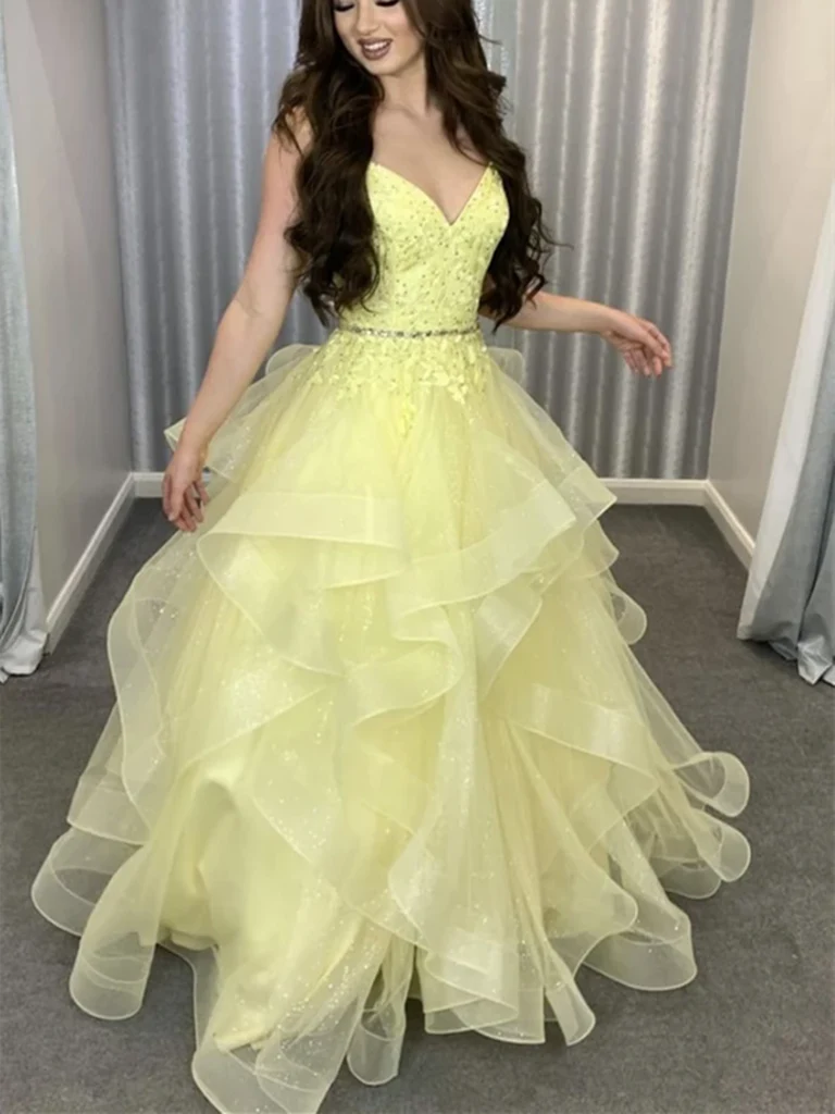 Robe de bal modeste à bretelles spaghetti en dentelle jaune et tulle, tenue de soirée pour 21e anniversaire, robe de remise de diplôme RB881