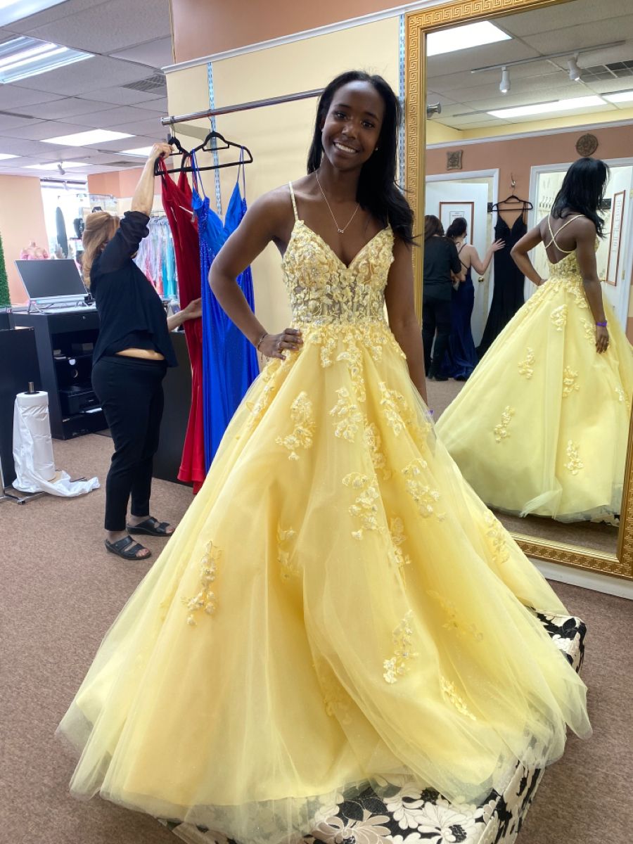 Robe de bal modeste à bretelles spaghetti en dentelle jaune et tulle, tenue de soirée pour 22e anniversaire, robe de remise de diplôme RB882