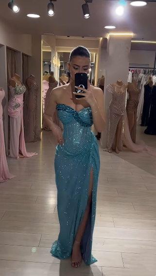 Chic Mermaid Sweetheart Blue Split Sequin Prom Dresses Party Dress 21st Birthday Outfits Graduation Dress RB1487