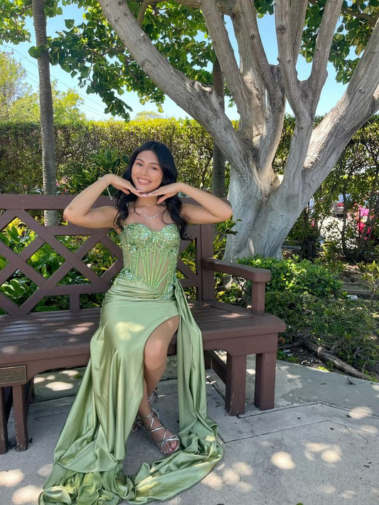 Modest Mermaid Spaghetti Straps Green Satin Long Prom Dresses Inspiration Prom Dress Senior Graduation Dress RB917