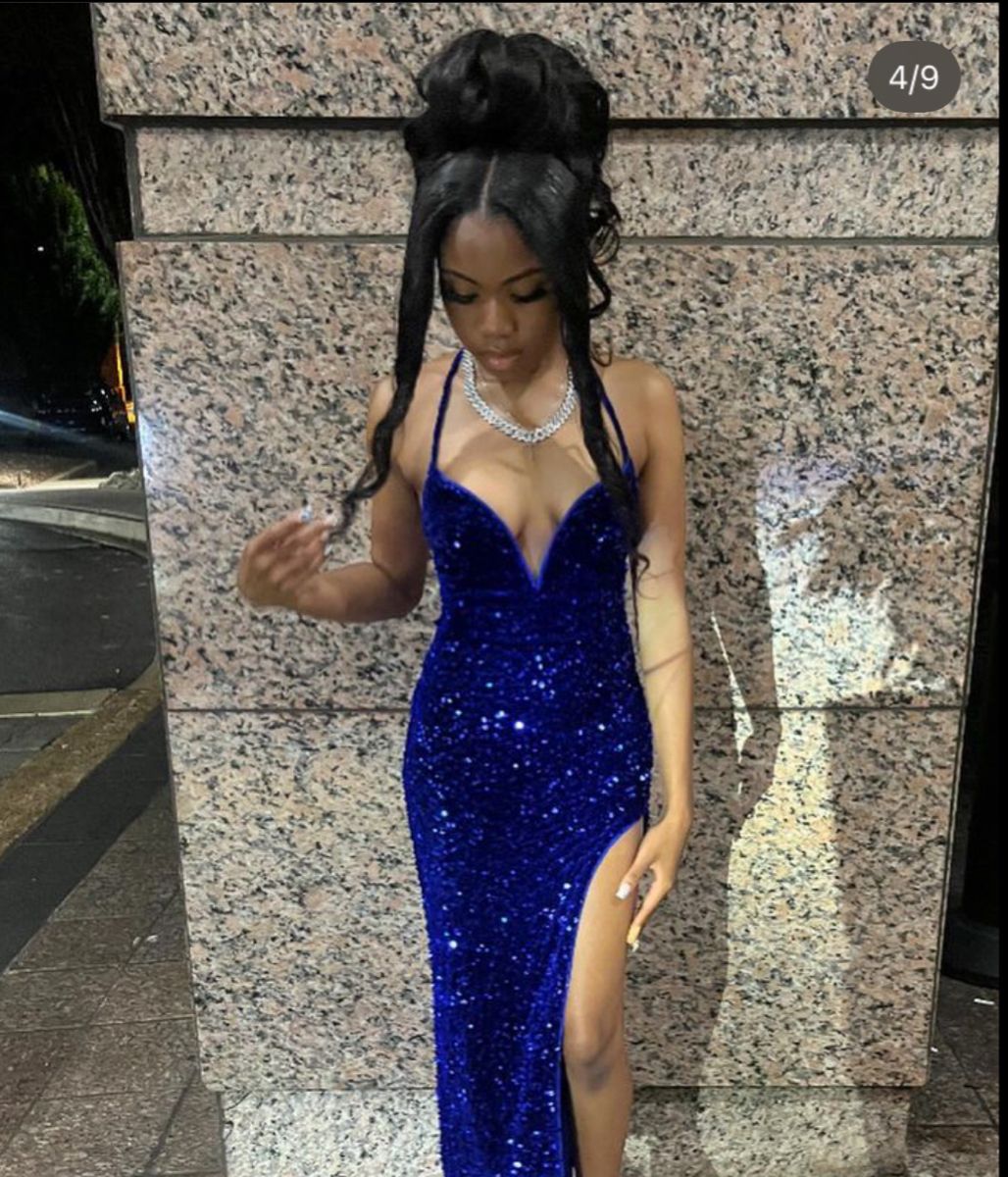 Robe de bal sirène unique à paillettes bleu roi, col licou, tenue de soirée pour 21e anniversaire, robe de remise de diplôme RB920