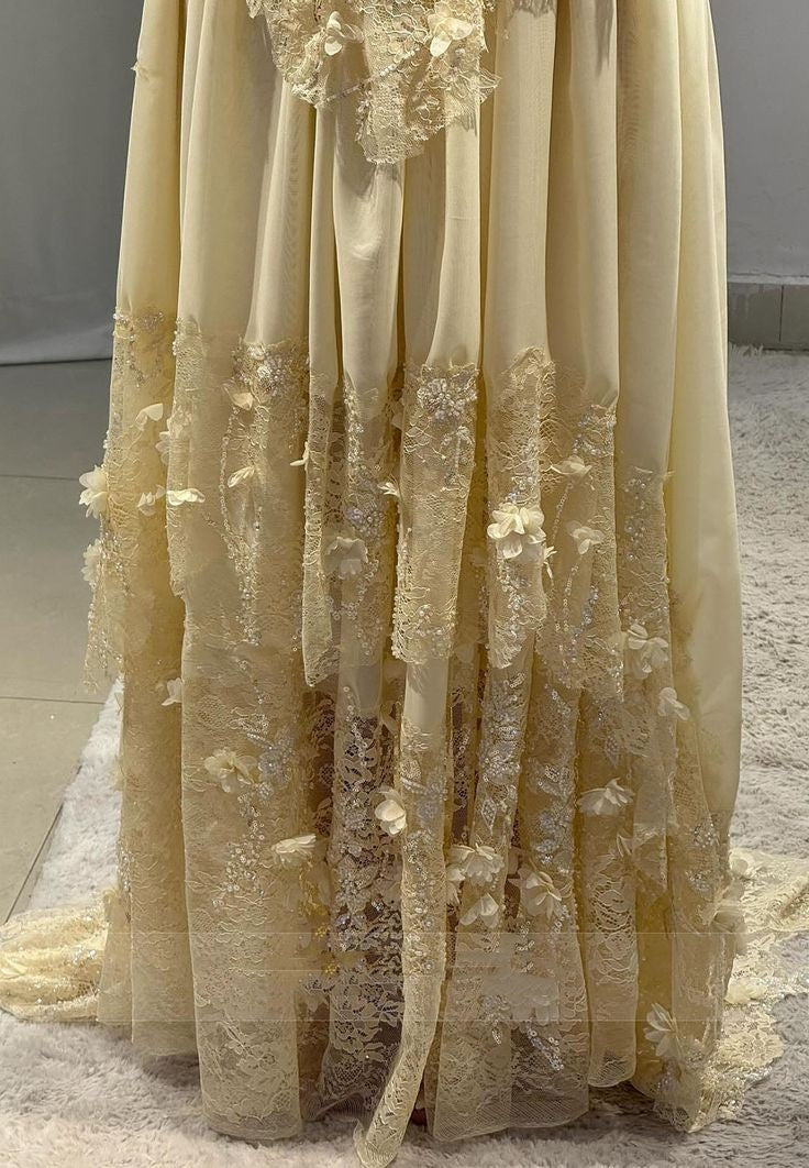 Robe de bal modeste en mousseline de soie jaune, coupe trapèze, décolleté en cœur, en dentelle, robe de bal d'inspiration, robe de remise de diplôme, RB936