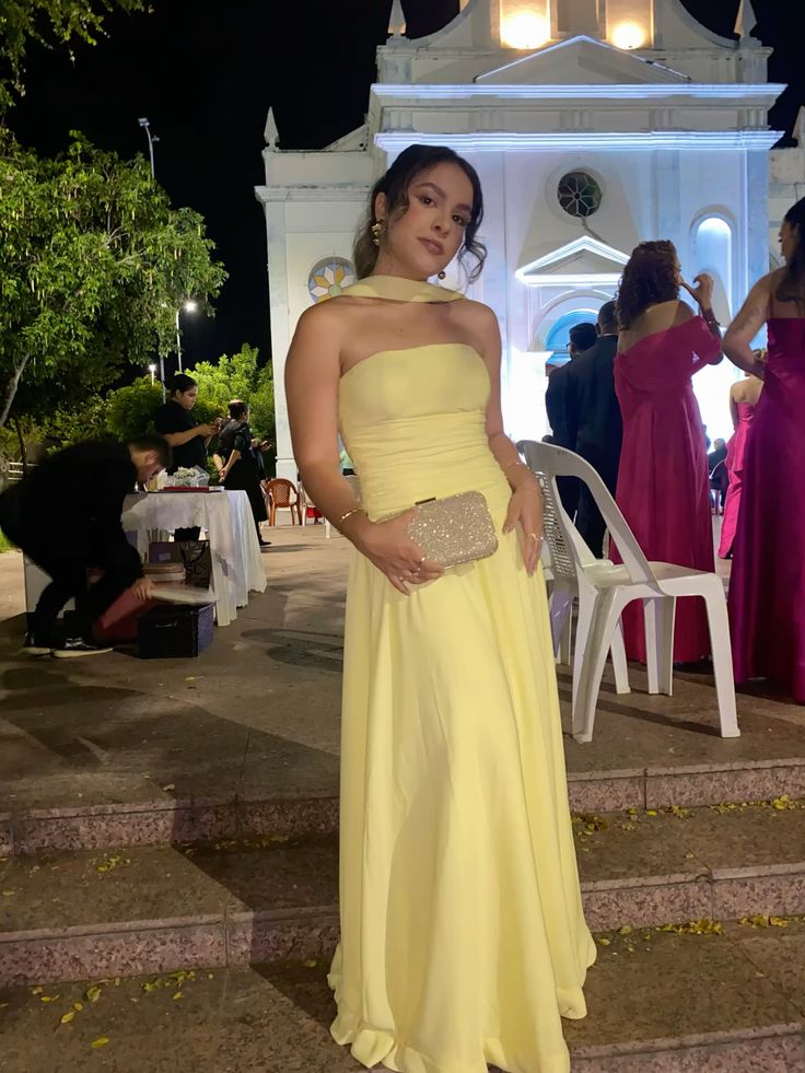 Cute A Line Strapless Yellow Chiffon Prom Dresses Long Party Dress 18th Birthday Outfit Graduation Dress RB982