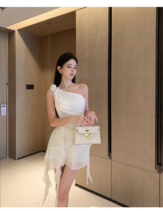 Elegant White One Shoulder Sheath Chiffon Short Birthday Party Dress RF01004