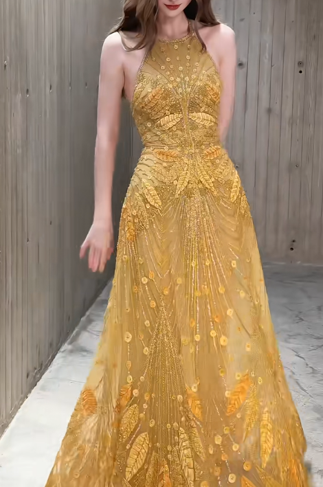 Elegante goldene Neckholder-A-Linie mit Perlen verziert, lange Ballkleider, formelle Abendkleider RF01008